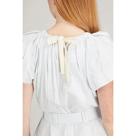 🆕ULLA JOHNSON Mae Flutter Sleeve Belted Cotton Mini Dress Sea Glass Blue 8